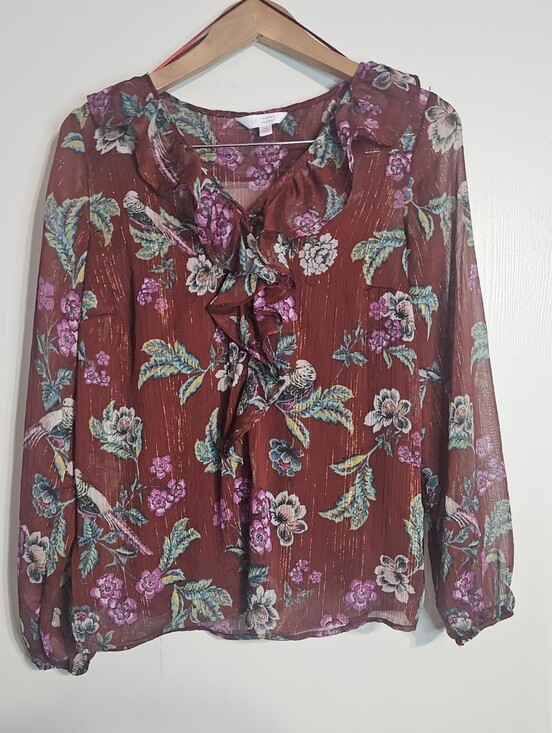 LC Lauren Conrad Tops - Floral Ruffle V-Neck Long Sleeve Blouse - Burgundy